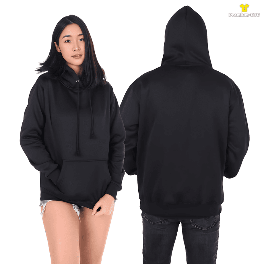 เสื้อ SAVAGE HOODIE สีดำ แสดงด้านหน้าและด้านหลัง สำหรับงานสกรีน DTG และ DTF