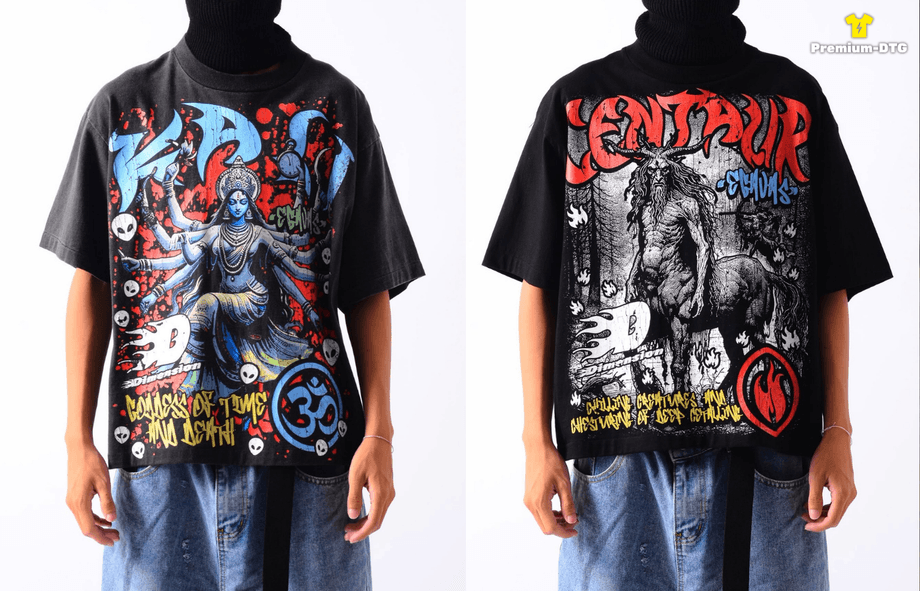ตัวอย่างเสื้อ SAVAGE BOXY พร้อมลายกราฟิกสีคมชัด จาก Premium-DTG