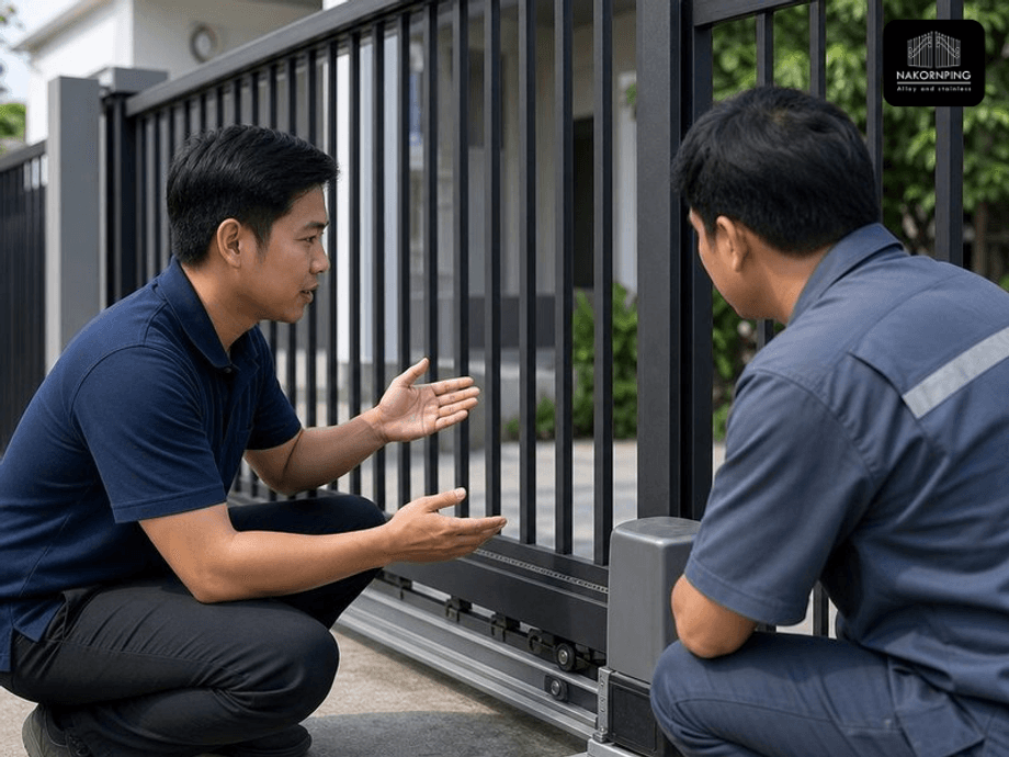 เจ้าของบ้านปรึกษาช่างเรื่องการซ่อมประตูรั้วก่อนเริ่มงาน