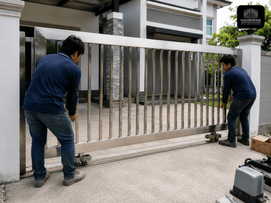 ทีมช่างประเมินน้ำหนักบานประตูเลื่อนเพื่อเลือกมอเตอร์ประตูรีโมทที่รองรับได้อย่างเหมาะสม