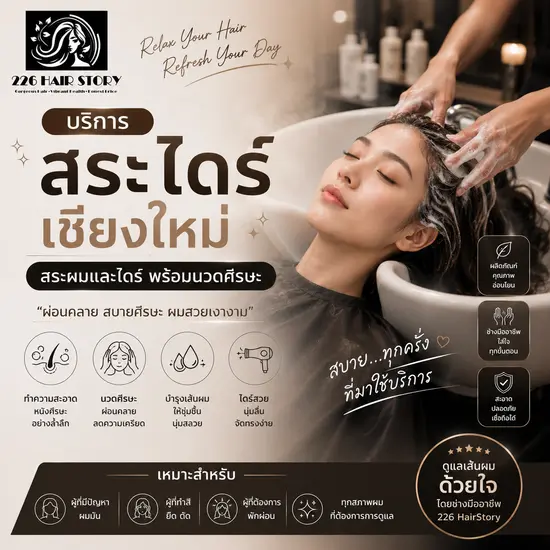 บริการสระไดร์เชียงใหม่ สระผมและไดร์พร้อมนวดศีรษะผ่อนคลายมือเบาที่ 226 HairStory