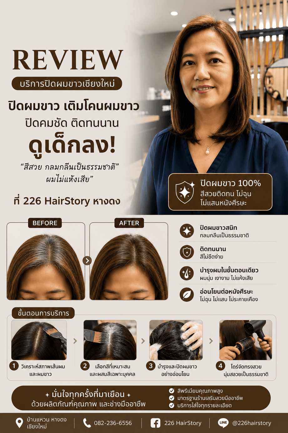 บริการปิดผมขาวเชียงใหม่ และเติมโคนผมขาว ปิดคมชัดติดทนนานดูเด็กลงที่ร้าน 226 HairStory หางดง